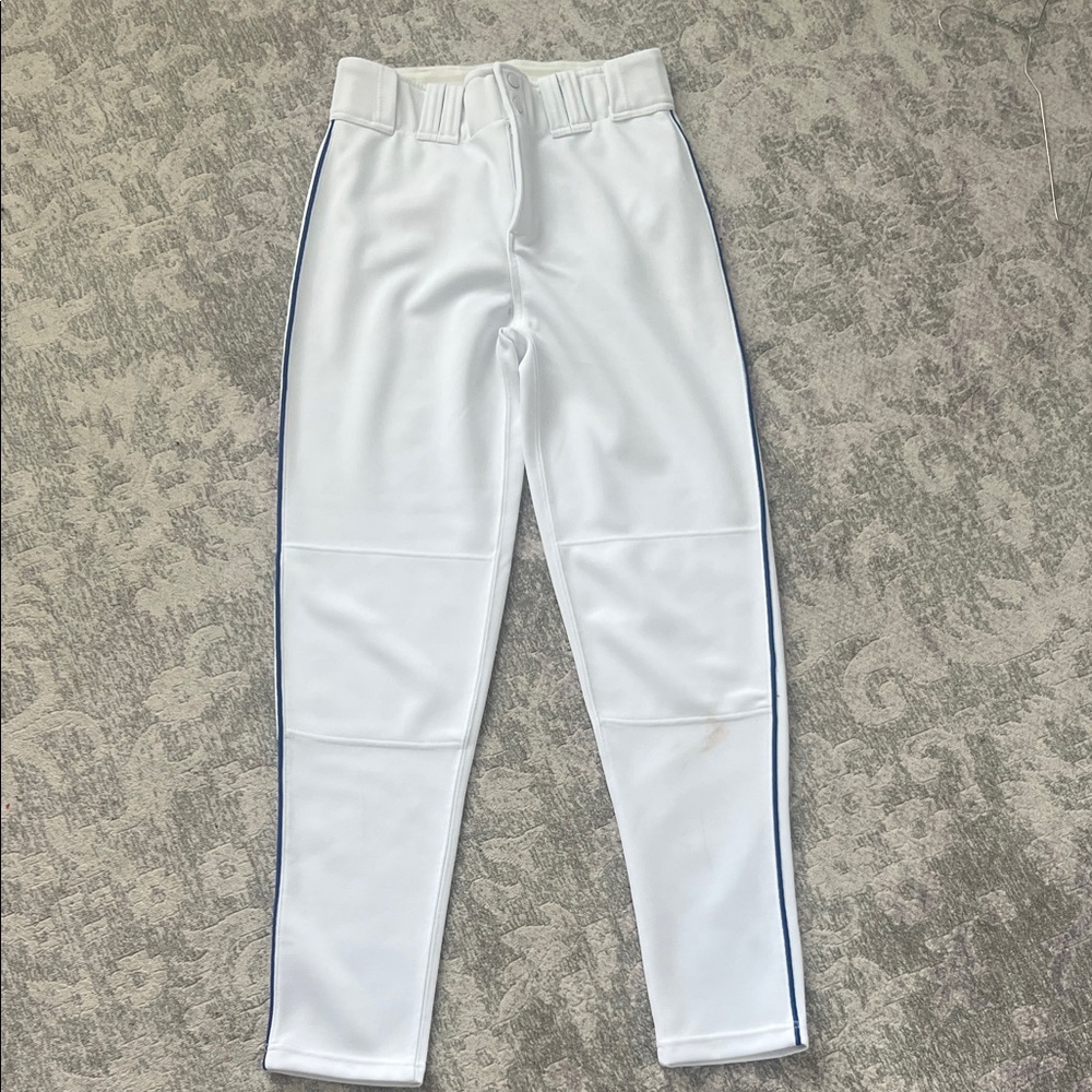 Marucci men’s white baseball pants with blue piping